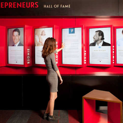 Interactive Design/Development---Global Network Video Wall—An immersive, interactive and uniquely positioned interactive video wall
that enables users to visualize the breadth and depth of the Fertitta alumni base and network.
Navigating the wall is via a secondary tabletop screen. The focus is on presenting a rich, woven
narrative via data from various live feeds that speak to the activity and presence of the alumni
network, and the wider business community that they interact with. The human story underpinning
the business context is bought to life and into relief through the addition of biographies, images and update made to relevant parts of the content set through alumni living and working around the globe.

,000