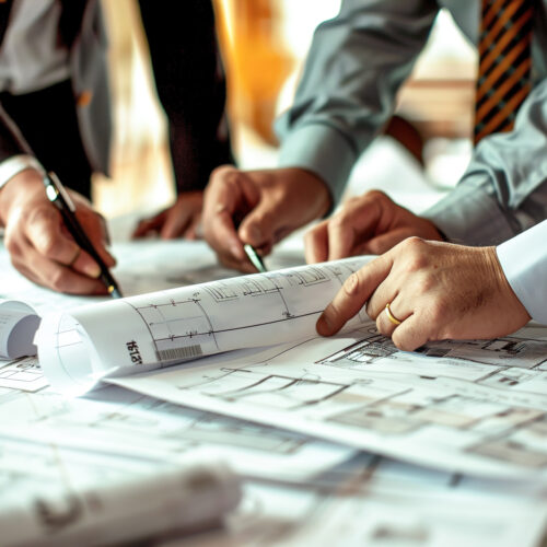 Investment opportunity: A group of investors examining blueprints and discussing plans for a new commercial development in a boardroom.