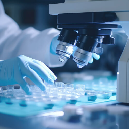 A laboratory technician makes microscopic bacteriological examination with the reagents. Work in microlaboratories. Medical laboratory analysis. The work of a medical laboratory assistant.